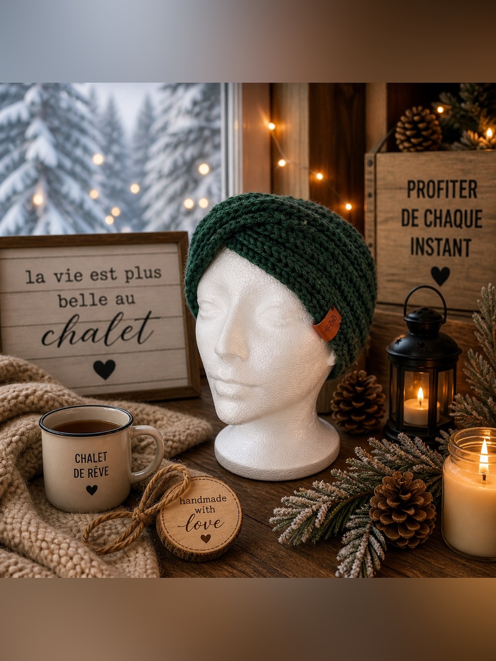 Handmade Chunky Knit Turban Headband - Forest Green